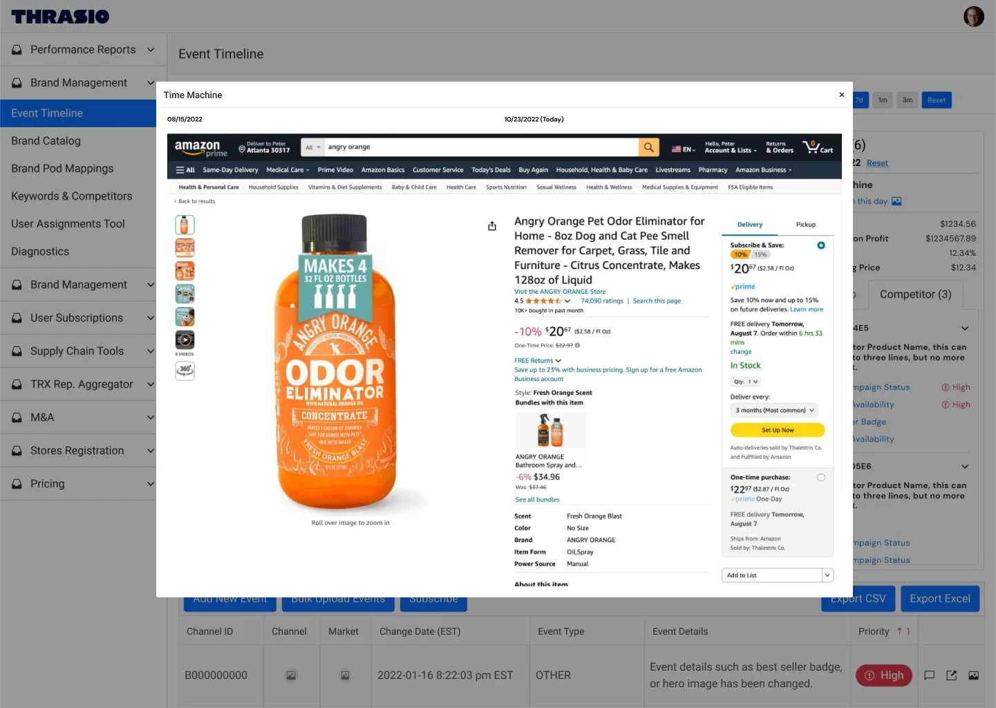 Time Machine feature comparing historical Amazon listings