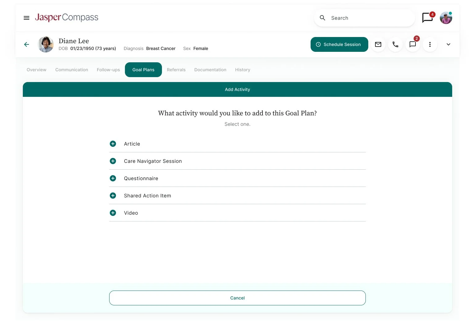 Activity selection screen for building a goal plan