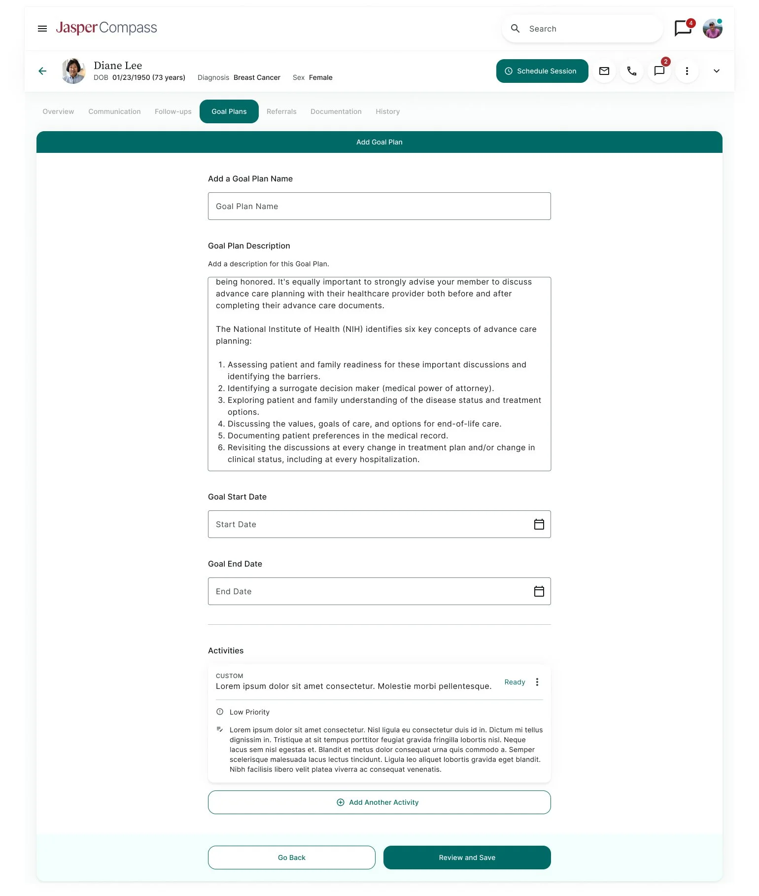 Modal for adding a new goal plan to a member