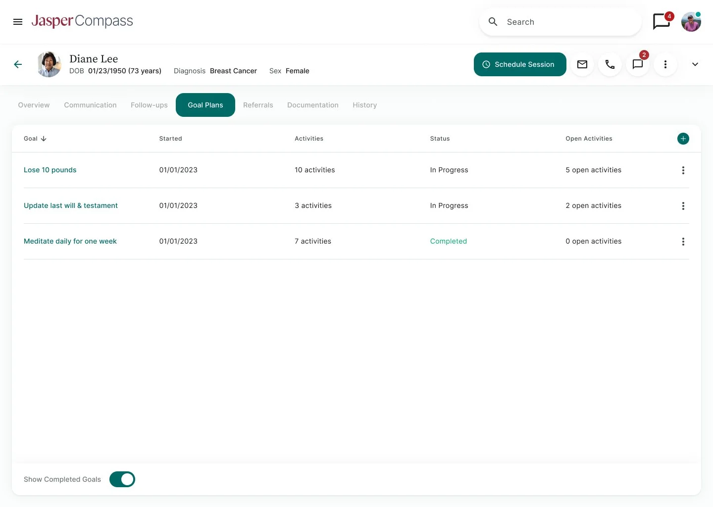 Table view listing goal plan templates