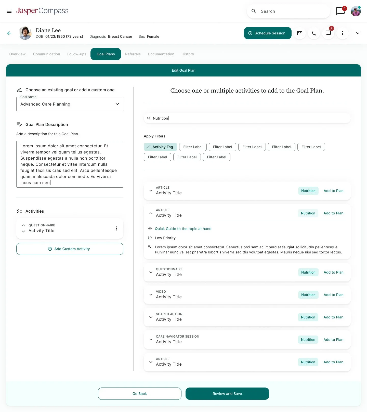 Future-state concept for goal plan templates